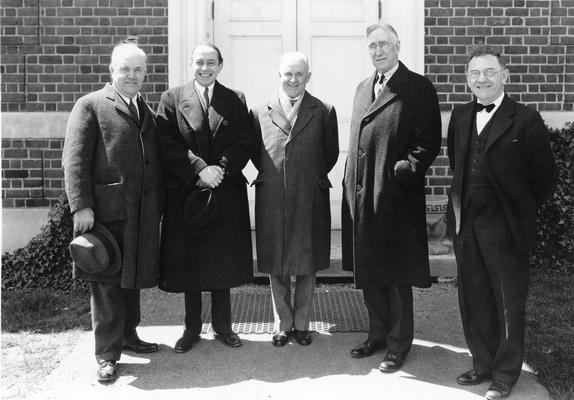 Convocation at Memorial Hall, W. H. Stout, Pierre deLanux, Robert Milliken (speaker), President Frank L. McVey, O. T. Koppius