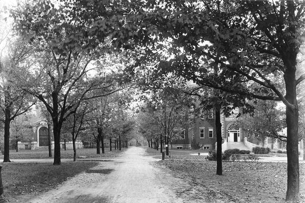 Science Hall Drive, unpaved, Carnegie Library, left and Science Hall/Miller Hall, right