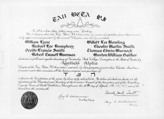 Tau Beta Pi, certificate with members' names