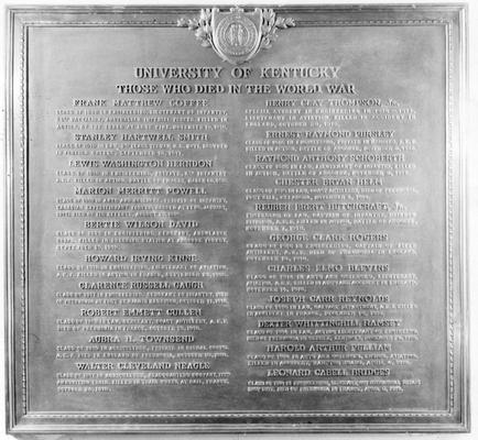 World War I plaque, University of Kentucky, Those Who Died in the World War, erected circa 1923