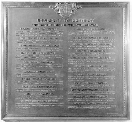 World War I plaque, University of Kentucky, Those Who Died in the World War, erected circa 1923