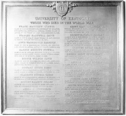 World War I plaque, University of Kentucky, Those Who Died in the World War, erected circa 1923