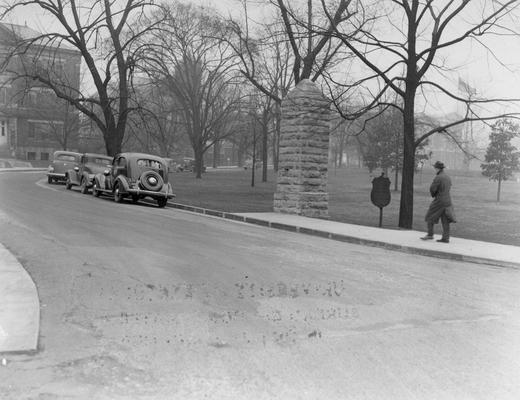 Administration Drive, automobiles parked in circle, circa 1938