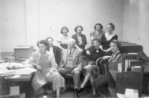 Bureau of Source Materials in Higher Education staff, Ezra Gillis, center, Mary Hester Cooper, left of him, 1949, Photographer, Unknown