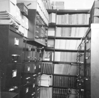 Reference cabinets and shelving, circa 1955, Photographer, Unknown