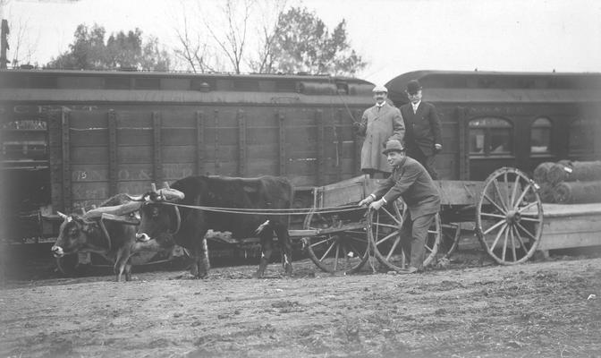 Oxen and wagon in front of Alabama Great Southern train, December 8, 1909