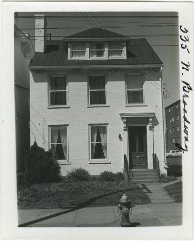 335 North Broadway, front view. Built for William Newberry, purchased soon after by Jabez Beach in 1841