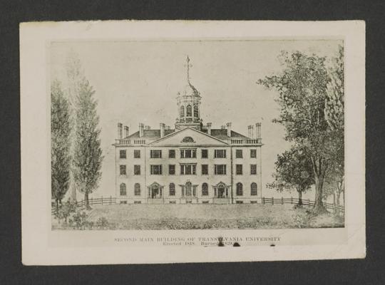 Photo of a drawing of Transylvania University Main Building, built in 1816 and destroyed in 1829, designed by Mathew Kennedy, Lexington, Kentucky in Fayette County