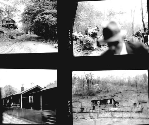 Two-story log home next to dirt road; Boys and men gathered in clearing in the woods; Row houses; Home on the side of a hill