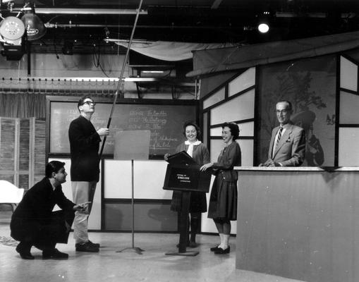 Television Studio set for Dr. Arthur L. Cooke's Survey of English Literature course: Ronald Russell-Tutty, Robert (Bob) Cooke, Jonelle Simmons, Kathryn White and Dr. Arthur L. Cooke