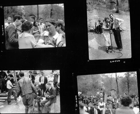 Crowd of onlookers; Man and woman at CBS microphone; Boys playing guitar for CBS microphone; Crowd watching broadcast