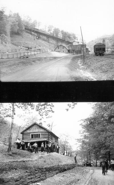 Railroad coal car at tipple; People around two-story log cabin