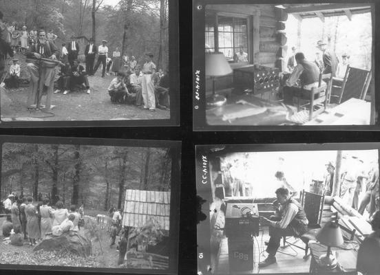 John Jacob Niles playing and singing into CBS microphone; Engineer on porch of log home; Persons standing uphill from broadcast; Engineer on porch