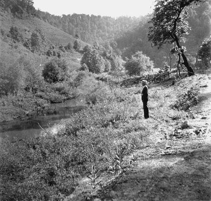 Man standing in gulley next to stream