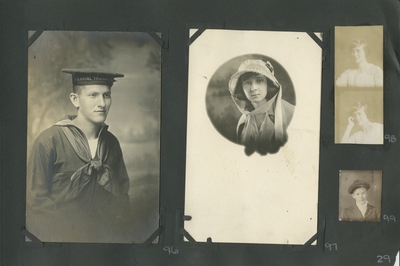 postcard, portrait of a man in a Naval Training uniform; postcard, small oval portrait of a woman; an uncut strip of 2 small pictures of an unidentified woman; small photograph of a boy