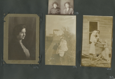 a portrait of a woman; a strip of 2 uncut small photographs, 2 women (appears to be the same women as in image #114); a woman sitting in a wagon; 3 women climbing out of window (2 of the women appear to be the same as in image #110)