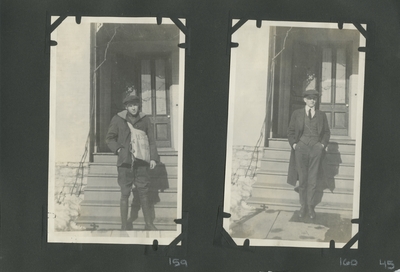 a man standing at the bottom of building steps, wearing a Lexington Harold newspaper bag; a man (who appears to be the same as item #159) standing at the bottom of the same steps as in item #159 wearing a suit