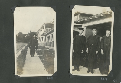 man in a graduation cap and gown; 3 men in graduation caps and gowns