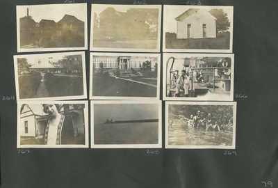blurry photograph, appears to be of buildings; blurry photograph, appears to be of a house; exterior of a house; exterior of a house; exterior of a building with pillars; man sitting on a ship, people in the background; a woman standing in front of house; water with a building off in the distance; a group of men and women swimming