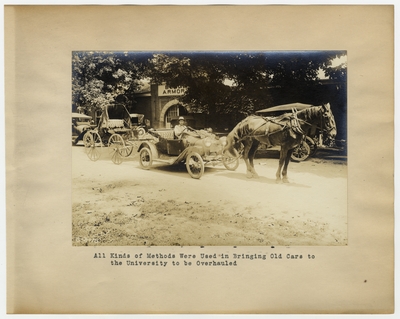 All kinds of methods were used in bringing old cars to the University to be overhauled