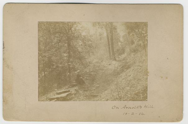 Victorian lady in the woods sitting on the remains of a stone fence; On Arnold's Hill, 10/2/86 written on the front in ink