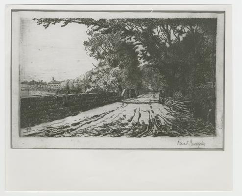Copy photograph of a drawing of a country road; signed Paul Sawyier on front; Devil's Hollow printed in ink on back