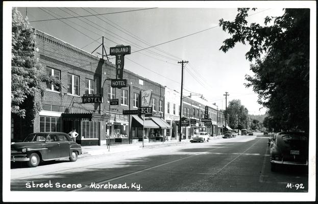 Street Scene. [Midland Trail Hotel, Kentucky Utilities, Eagles Nest Restaurant, Morehead Hotel buildings.]