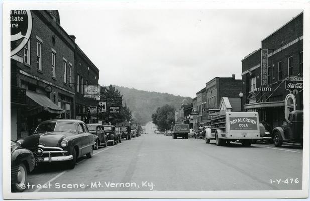 Street Scene. [Miller's Drugs, Rexall Drugs, Mary's Café, Vernon Theatre, Westinghouse Appliances, Mt. Vernon Hotel]