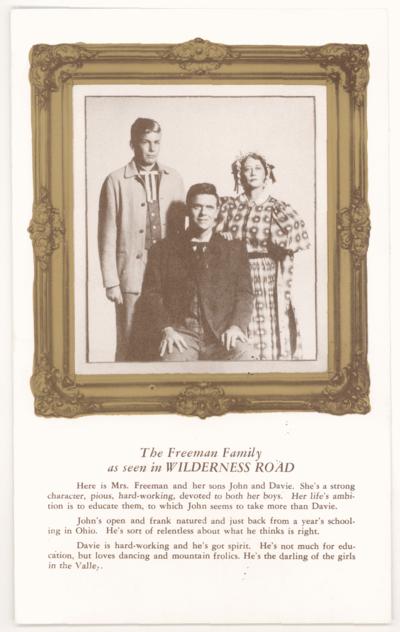 Wilderness Road - The Freeman Family as seen in Wilderness Road. Here is Mrs. Freeman and her sons John and Davie. She's a strong character, pious, hard-working, devoted to both her boys. Her life' ambition is to educate them, to which John seems to take more than Davie. John's open and frank natured and just back from a year's schooling in Ohio. He's sort of relentless about what he thinks is right. Davie is hard-working and he's got spirit. He's not much for education, but loves dancing and mountain frolics. He's the darling of the girls in the Valley