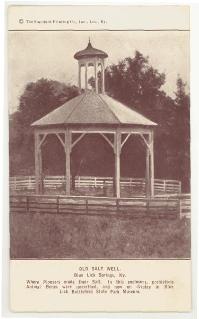 OLDSALT WELL, Blue Lick Springs, Ky. Where Pioneers made their Salt. In this enclosure, prehistoric Animal Bones were unearthed, and now on display in Blue Lick Battlefield State Park Museum