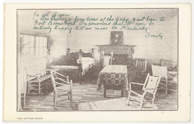 Kentucky Souvenir Card [3 attached cards]: Fort Boonesboro - 1). Kentucky Building, Jamestown Exposition 2). Center House 3). The Sitting Room