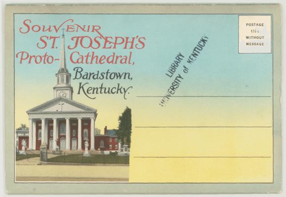 Fold out mailer with 16 images including primarily paintings associated with; and buildings of St. Joseph's College, Proto Cathedral, Nazareth Church and Convent, and other Bardstown historical sites