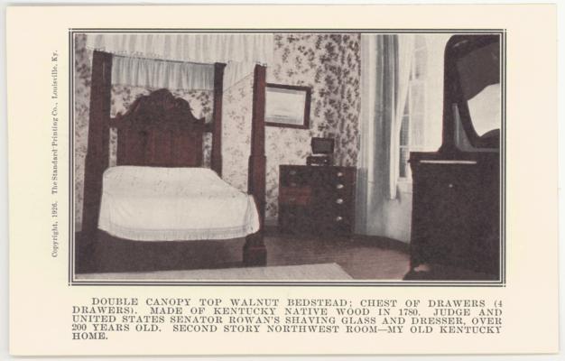 Double Canopy Top Walnut Bedstead; Chest Of Drawers (4 Drawers), Made Of Kentucky Native Wood in 1780. Judge And U.S. Senator Rowan's Shaving Glass And Dresser, Over 200 Years Old. Second Story Northwest Room - My Old Kentucky Home