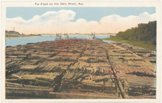 Tie fleet on the Ohio River. [Barges Loaded With Railroad Ties]