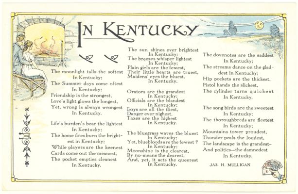 In Kentucky [Seven Verse Poem by James H. Mulligan] (Printed verso on one card lists Kentucky Derby Winners from 1875 to 1933) 2 copies