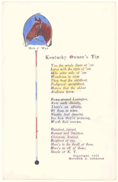 Kentucky Owner's Tip [Three Verse Poem by Meredith A. Johnston - Copyright 1933]