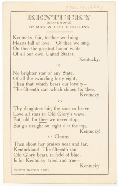 Kentucky (State Song) by Mrs. W. Leslie Collins - Copyrighted 1921