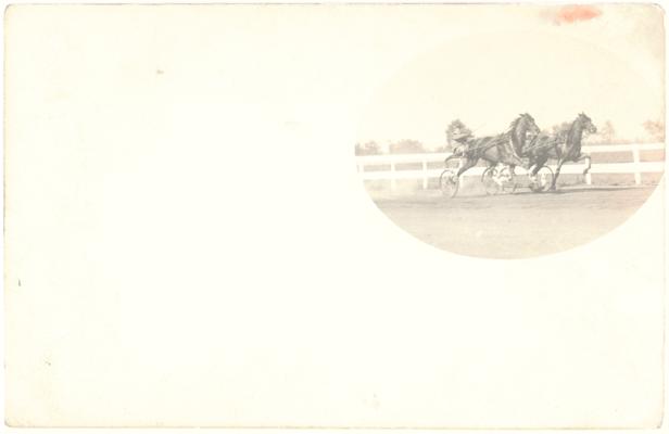 [Small oval image of a trotter race at Lexington trotting track. Handwritten note on verso indicates the location is the Lexington Trotting Track and that the card is from the Margaret P. Johnston Papers, 1960] [Horses]