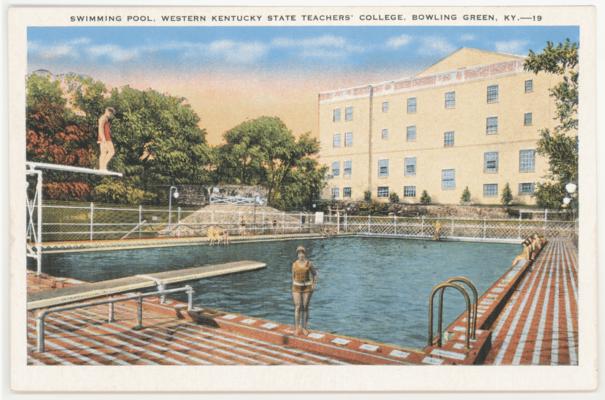 Swimming pool, Western Kentucky State Teachers' College, KY - 19. [Different Image Than Card No. 19 As It Has An Additional Woman In Bathing Suit] (Printed verso reads: 