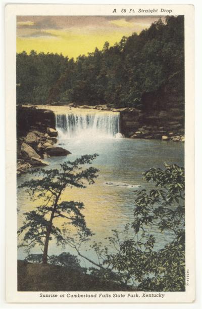 A 68 Ft. Straight Drop. Sunrise at Cumberland Falls State Park, Kentucky (Printed verso reads: 