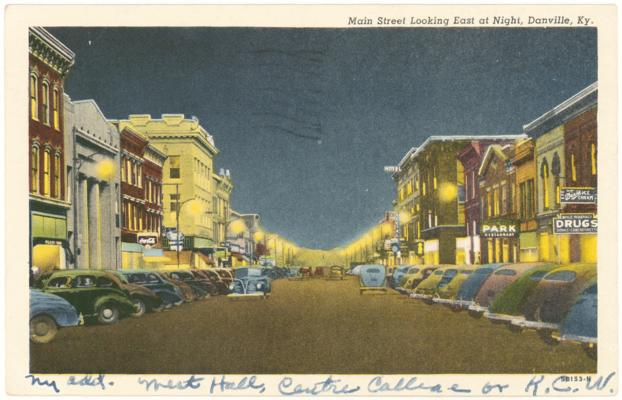 Main Street Looking East at Night, Danville, Ky. (Postmarked 1952)