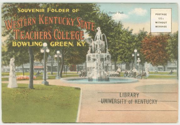 Souvenir Booklet Of Western Kentucky State Teachers College. [Contains 18 illustrations of Western Kentucky Teachers College that are connected together accordion-fold style and printed on both sides, contained within a full color illustrated sleeve with a flap and slit-lock] (Printed verso reads: 