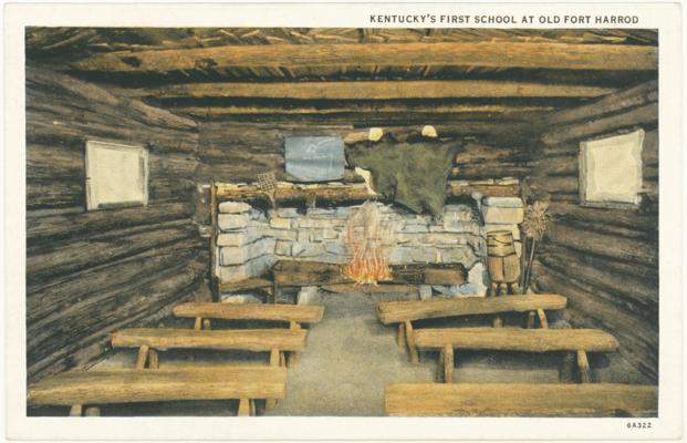 Kentucky's First School at Old Fort Harrod. (Printed verso reads: 