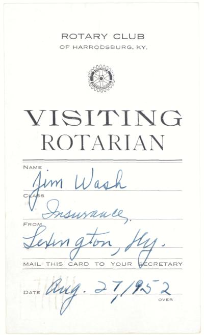 Rotary Club Of Harrodsburg, KY. Visiting Rotarian. (Printed verso reads: 
