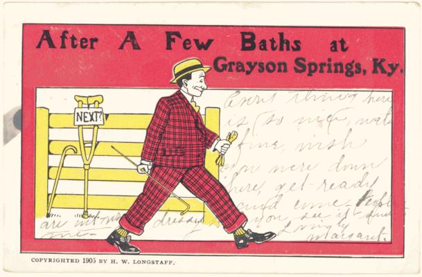 After a Few Baths at Grayson Springs, Ky. [Cartoon of Man Walking Away From Crutches Unassisted]