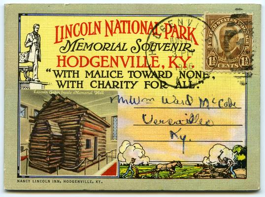 LINCOLN NATIONAL PARK MEMORIAL SOUVENIR, HODGENVILLE, KY. 