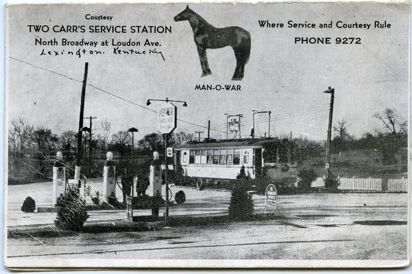 Courtesy, TWO CARR'S SERVICE STATION, North Broadway at Louden Ave. Where Service and Courtesy Rule. Phone 9272. (Printed fold-out verso is map of downtown and nearby horse farms.)