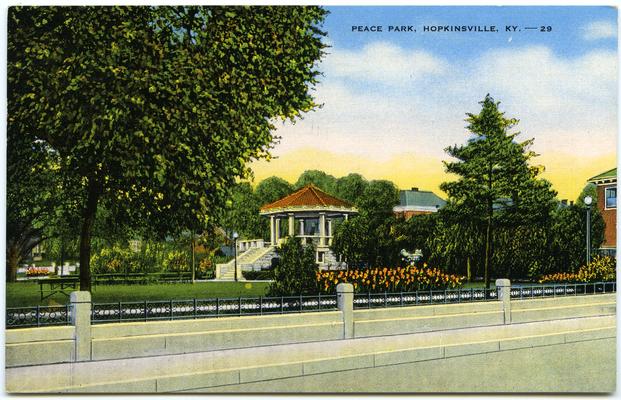 Peace Park. (Printed verso reads: Tobacco warehouses formerly located on this property burned by Night Riders, December 7, 1907. The site afterwards purchased and given to the City of Hopkinsville along with sufficient funds to beautify it, by the late John C. Latham. Named Peace Park by the donor.