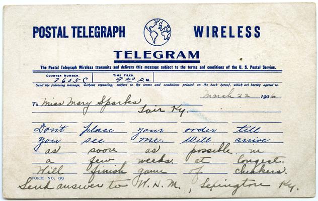 Postal Telegraph - Wireless Telegram