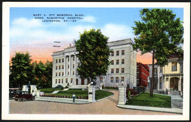 Mary A. Ott Memorial Bldg., Good Samaritan Hospital. (Printed verso reads: The new Mary A. Ott Memorial building of the Good Samaritan Hospital was built at a cost of $500,000. The building was the gift of Henry L. Ott, Crestwood, Kentucky, who added to a $100,000 bequest by his mother, the late Mary A. Ott. The new addition faces on South Limestone Street.